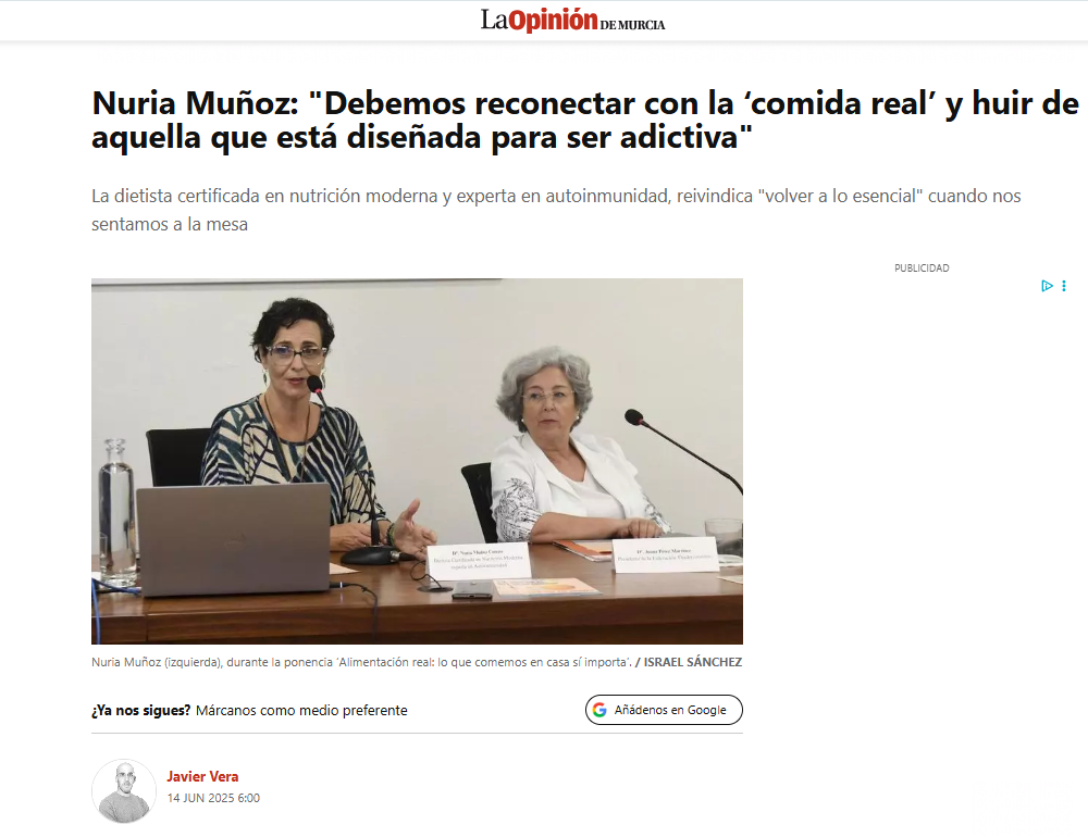 Nuria Muñoz: "Debemos reconectar con la ‘comida real’ y huir de aquella que está diseñada para ser adictiva"