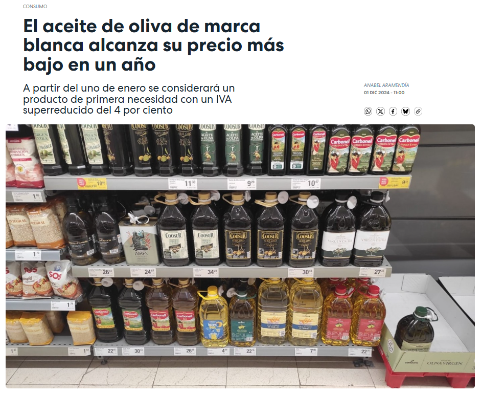 El aceite de oliva de marca blanca alcanza su precio más bajo en un año