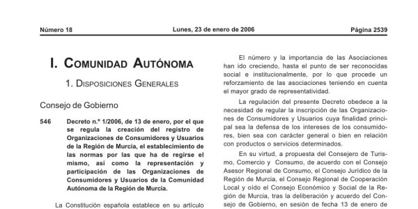 Vista previa de Decreto 1/2006 — Registro de Organizaciones de Consumidores y Usuarios de la Región de Murcia