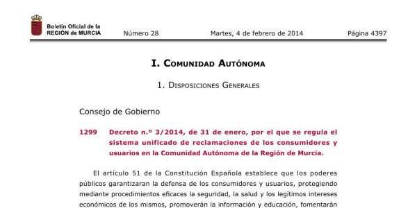 Vista previa de Decreto 3/2014 — Sistema unificado de reclamaciones de consumidores y usuarios en la CARM