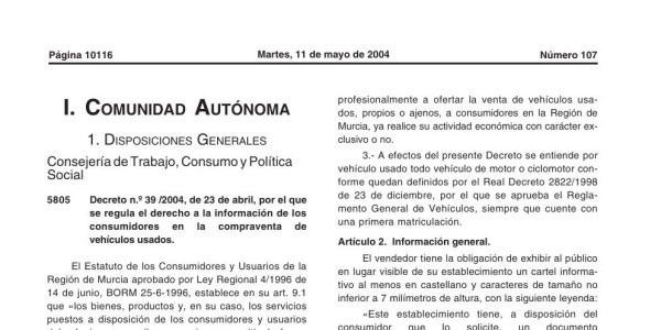 Vista previa de Decreto 39/2004 — Derecho a la información en la compraventa de vehículos usados