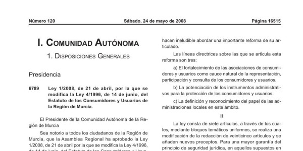 Vista previa de Ley 1/2008 — Modificación del Estatuto de Consumidores y Usuarios de la Región de Murcia