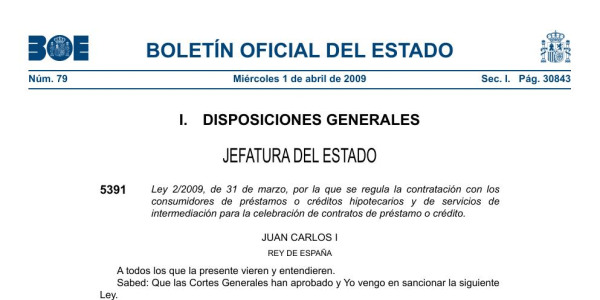 Vista previa de Ley 2/2009 — Contratación con consumidores de préstamos o créditos hipotecarios
