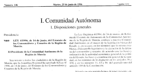 Vista previa de Ley 4/1996 — Estatuto de los Consumidores y Usuarios de la Región de Murcia
