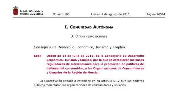 Vista previa de Orden de 14 de julio de 2016 — Bases reguladoras de subvenciones para la defensa del consumidor