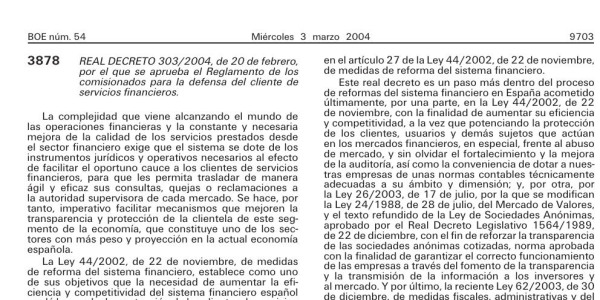 Vista previa de Real Decreto 303/2004 — Comisionados para la defensa del cliente de servicios financieros