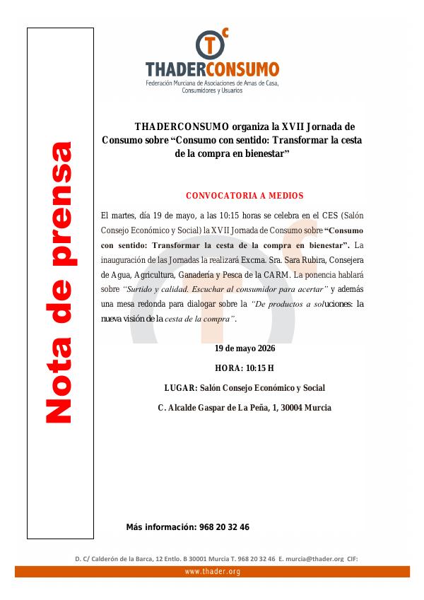 Vista previa de THADERCONSUMO organiza la XVII Jornada de Consumo sobre “Consumo con sentido: Transformar la cesta de la compra en bienestar”