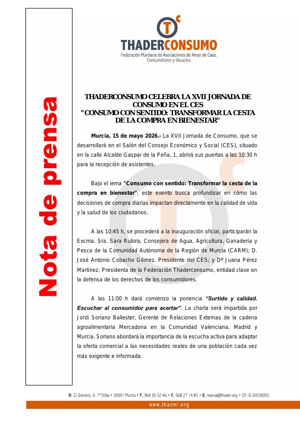 Vista previa de THADERCONSUMO CELEBRA LA XVII JORNADA DE CONSUMO EN EL CES "CONSUMO CON SENTIDO: TRANSFORMAR LA CESTA DE LA COMPRA EN BIENESTAR"