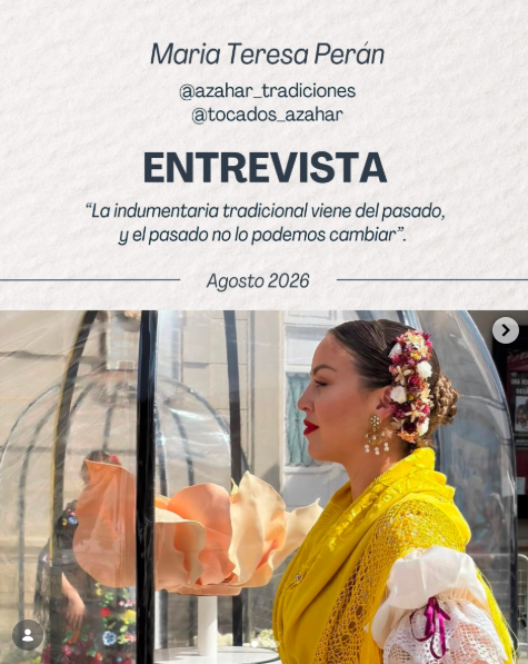 📰 Entrevista exclusiva a María Teresa Perán en la revista nº 141.

Raíces, memoria y artesanía: así se define la trayectoria de María Teresa, fundadora de Azahar Tradiciones y Azahar Tocados, un proyecto enfocado en poner en valor la indumentaria tradicional de la Huerta de Murcia y la confección a medida.
