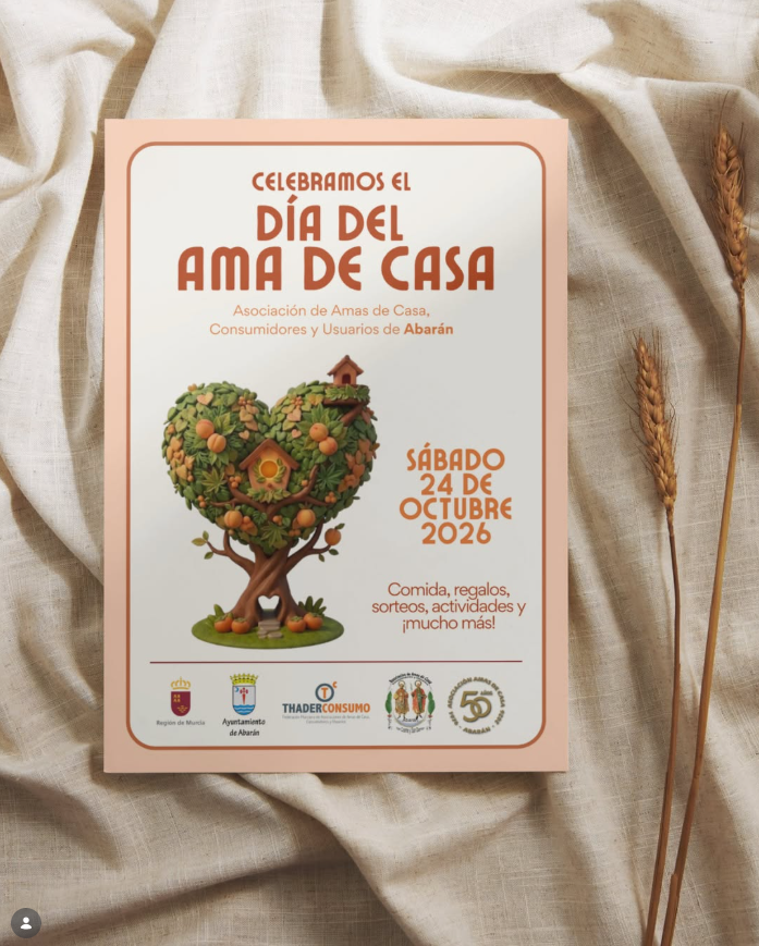 ❤️🏠 Desde THADERCONSUMO, este año celebramos el Día del Ama de Casa 2026 en Abarán ¡Y es un año especial porque en la Asociación de Amas de Casa, Consumidores y Usuarios de Abarán cumple 50 AÑOS! 🎉🎂

Queremos pasar un día inolvidable con vosotras, lleno de:
🍽️ Una comida deliciosa
🎁 Regalos
🎰 Sorteos
🎲 Actividades ¡y mucho más!